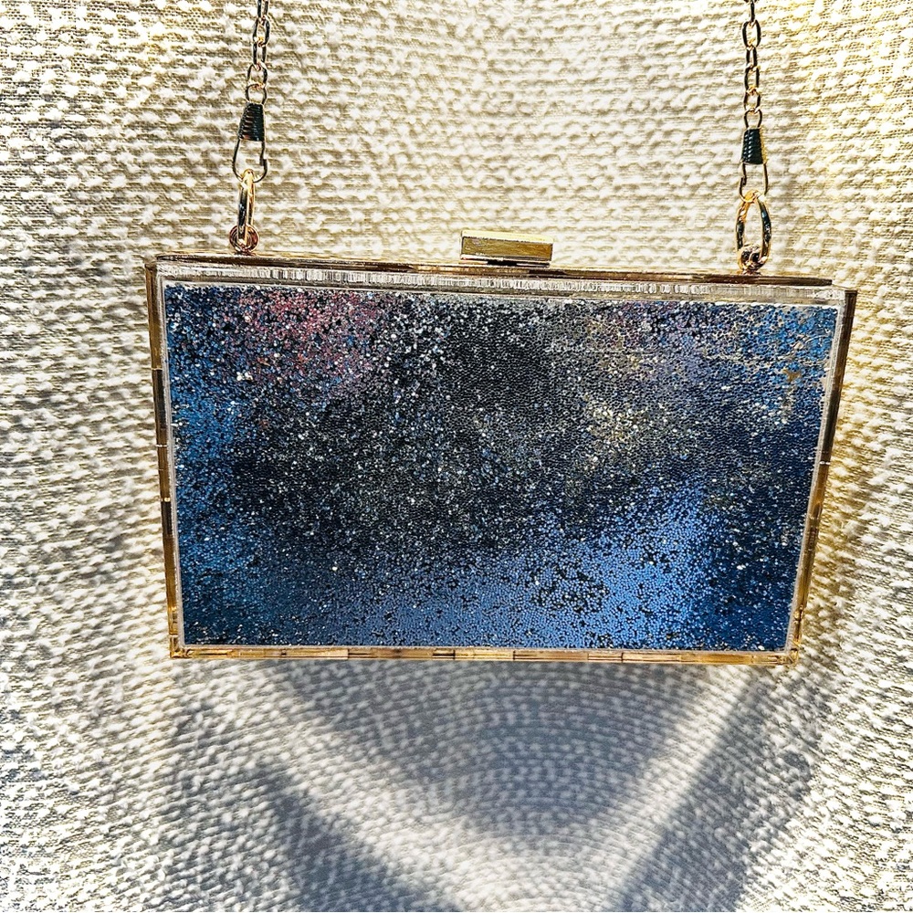 NWT Silver Glitter Crossbody Purse Gold and Clear Box Clutch